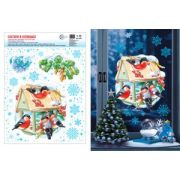**НГ Наклейки(Сфера) д/окон Снегири в кормушке (многоразовые,двухсторонние,4+4) (НМТ1-15346)
