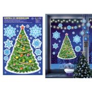 **НГ Наклейки(Сфера)_А3 д/окон Елочка со снежинками [многораз.,серебр.металлизация] (Н-15357)